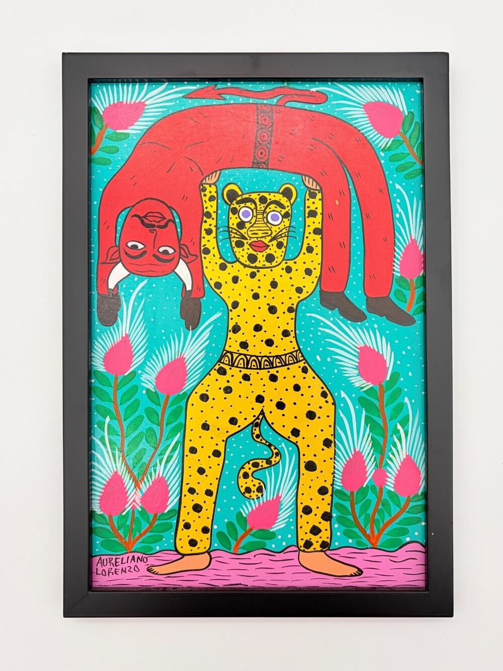 Original Folk Art Painting Aureliano Lorenzo Signed Leopard Devil Occult 13in
